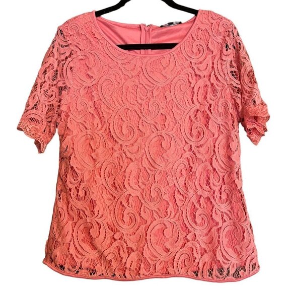 Adrianna Papell Tops - Women's Adrianna Papell Salmon Color Short Sleeve Lace Shirt, Top, Large